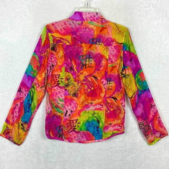 Chicos Silk Shirt Womens 0 (S) Pink Sheer Multicolor Abstract Maximalist Art AOP - Picture 3 of 8